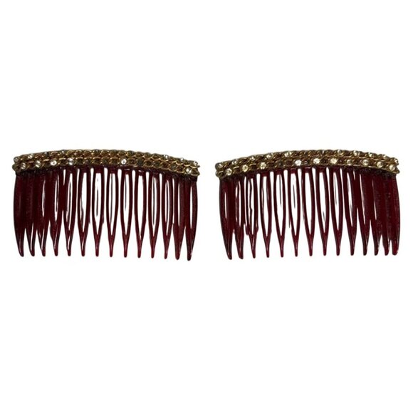 Vintage Mid Century Hair Combs Gold & Rhinestone Detail Accents Elegant Pair - Picture 1 of 9